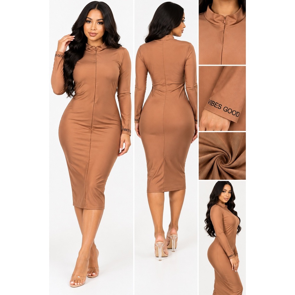 Fashion Nova Vibes Good Mock Neck Zip Front Midi Dress Bronze L DT1834
